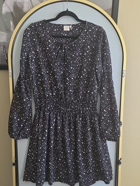 Good Luck Gem Black Star-Print Long-Sleeve Smocked Waist Dress